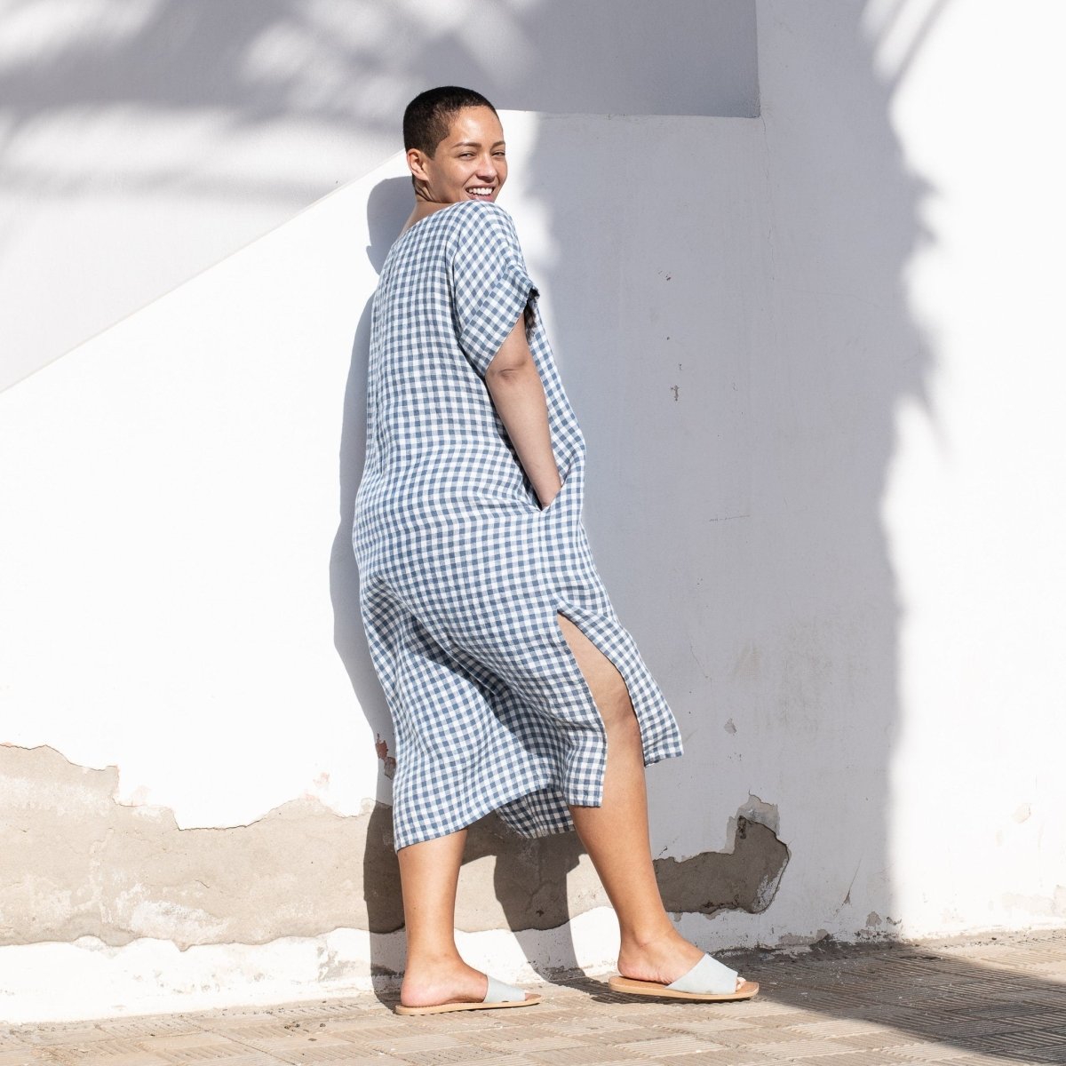FATIMA light weight blue gingham linen tunic - notPERFECTLINEN EU