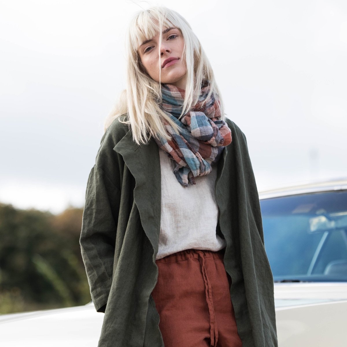 Linen Scarf - Checkered (composition of Blue-Beige-Redwood) - notPERFECTLINEN EU