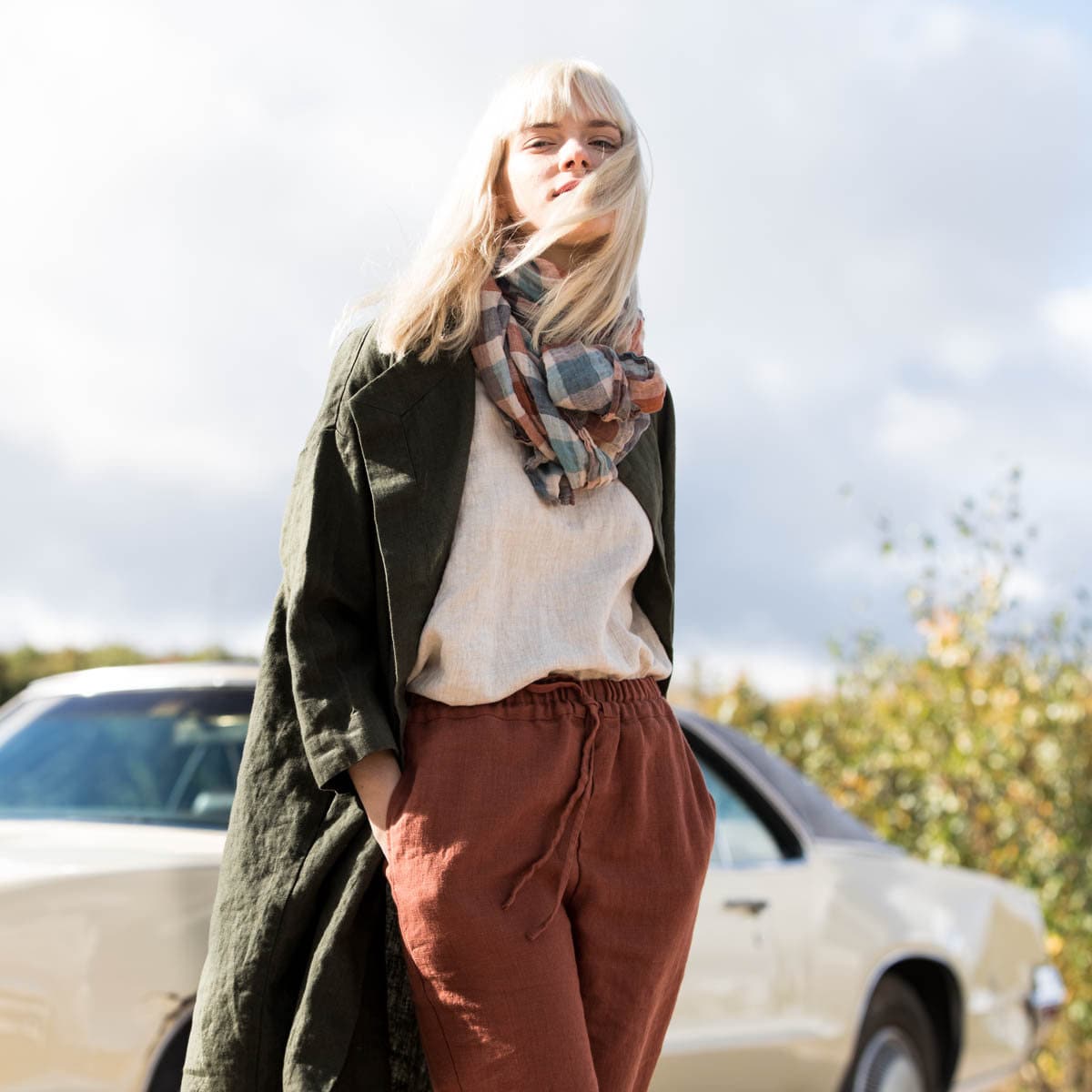 Linen Scarf - Checkered (composition of Blue-Beige-Redwood) - notPERFECTLINEN EU