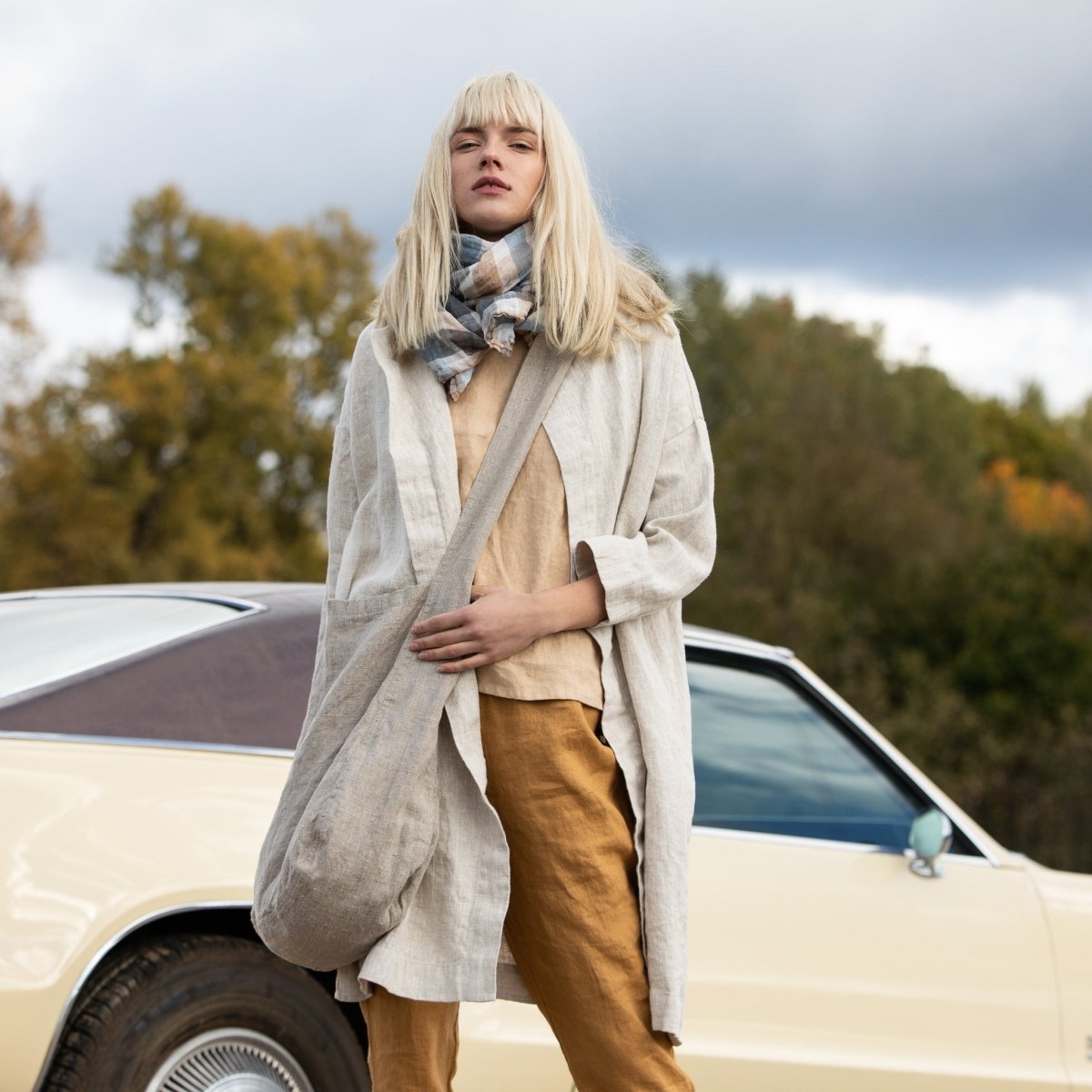 Linen Scarf - Checkered (composition of Blue-Camel-Beige-Grey) - notPERFECTLINEN EU