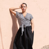 MADRID light weight black gingham cropped linen wrap top - notPERFECTLINEN EU